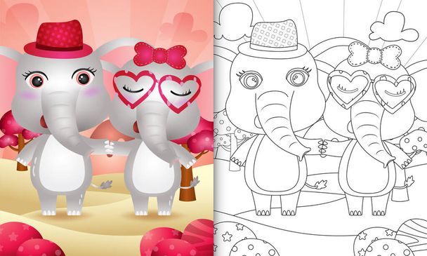 kolorowanki dla dzieci z cute para słoń tematyczne Walentynki - Wektor, obraz