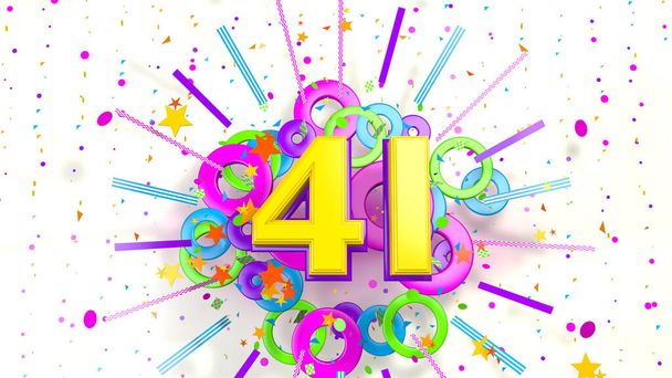 Nummer 41 voor promotie, verjaardag of jubileum op een explosie van confetti, sterren, lijnen en kringen van paarse, blauwe, gele, rode en groene kleuren op een witte achtergrond. 3d illustratie - Foto, afbeelding