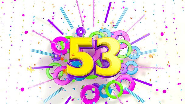 Nummer 53 voor promotie, verjaardag of jubileum op een explosie van confetti, sterren, lijnen en kringen van paarse, blauwe, gele, rode en groene kleuren op een witte achtergrond. 3d illustratie - Foto, afbeelding