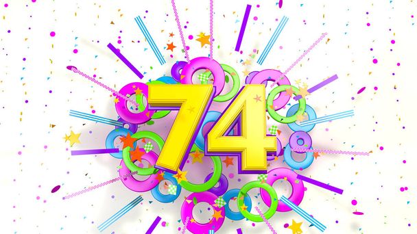 Nummer 74 voor promotie, verjaardag of jubileum op een explosie van confetti, sterren, lijnen en kringen van paarse, blauwe, gele, rode en groene kleuren op een witte achtergrond. 3d illustratie - Foto, afbeelding