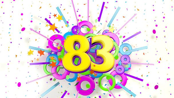 83-as szám előléptetés, születésnap vagy évforduló konfetti, csillagok, vonalak és körök robbanása lila, kék, sárga, piros és zöld színekben fehér alapon. 3d illusztráció - Fotó, kép
