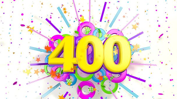 Numero 400 edistää, syntymäpäivä tai vuosipäivä räjähdys konfetti, tähdet, linjat ja ympyrät violetti, sininen, keltainen, punainen ja vihreä väri valkoisella pohjalla. 3d kuva - Valokuva, kuva