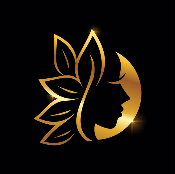 Golden Beauty and Leaf Logo Sign  - ベクター画像