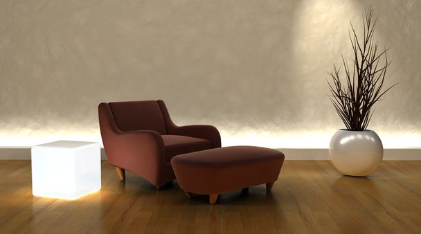 Cadeira de braço contemporâneo e otomano em ambiente moderen
 - Foto, Imagem