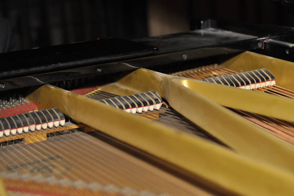 グランドピアノの中だ。ハンマーのクローズアップ、ピアノ内部の弦.  - 写真・画像