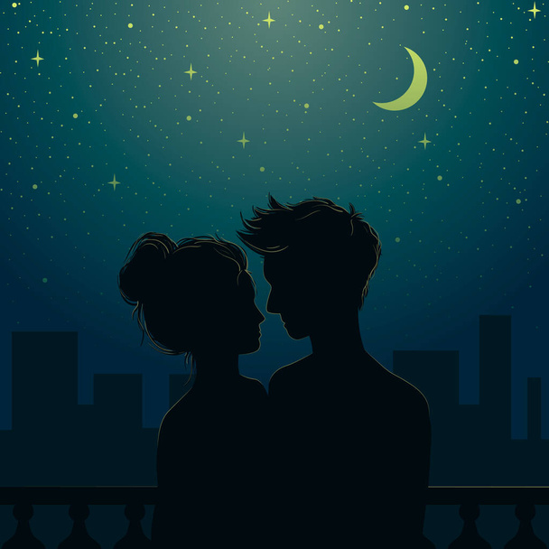 Een romantische vrouw en een man verliefd 's nachts tegen de achtergrond van de nachtelijke hemel en de donkere stad. Vector platte illustratie. - Vector, afbeelding