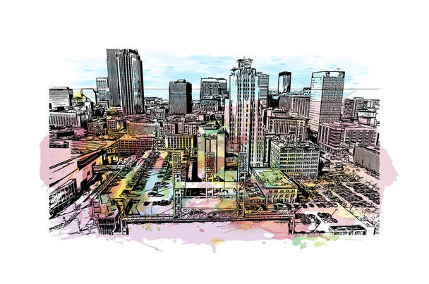 Print Building vista com marco de Cleveland é a cidade em Ohio. Salpicos de aguarela com desenho desenhado à mão ilustração em vetor. - Vetor, Imagem