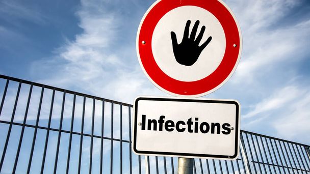 Straßenschild weist den Weg zu Hygiene versus Infektionen - Foto, Bild