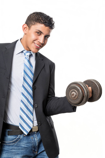  Young man at work doing the dumbbell arm - Foto, Imagem