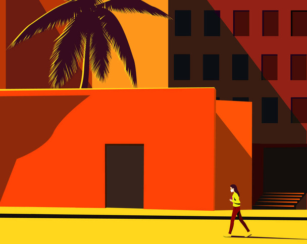 Una mujer solitaria con una máscara médica camina por una ciudad vacía llena de calor. ilustración vectorial en colores brillantes - Vector, imagen