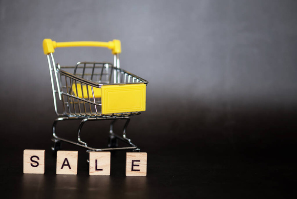 Season of sales in online stores. Cart and sales word on dark blue background. Creative idea for a sale, promotion, or concept for cyber Monday or black Friday - 写真・画像