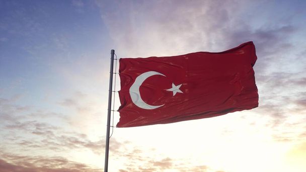 Флаг Турции, машущей на ветру. 3d иллюстрация. - Фото, изображение