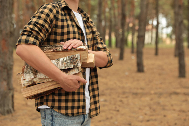 Man holding cut firewood in forest, closeup - 写真・画像