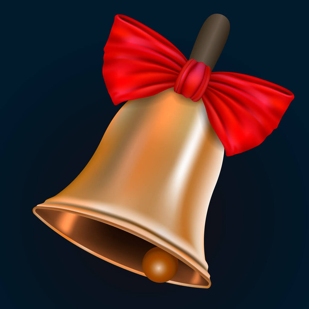 Realistic vector golden bell with red bow on dark background - Vector, Image