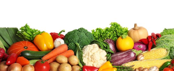 Pile of different fresh vegetables on white background - Foto, Imagem