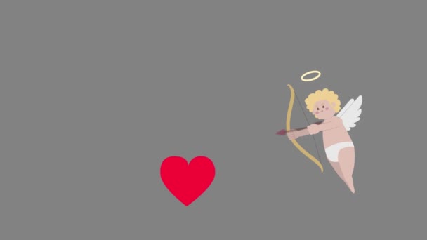 Cartoon cupido schieten een pijl op een hart met alfa mat kanaal - Video