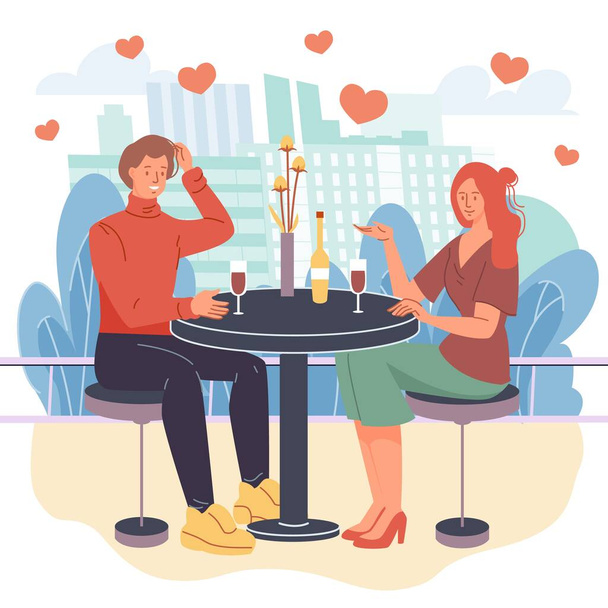 Desenhos animados planos personagens amantes casal romântico data, ilustração vetorial - Vetor, Imagem