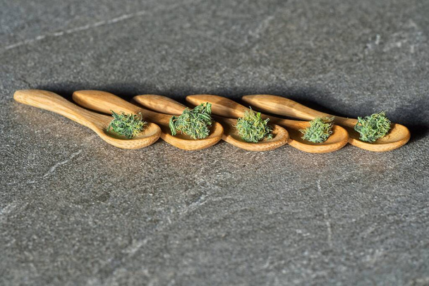 Small cannabis buds on little wooden bamboo spoons in line on grey background - Valokuva, kuva