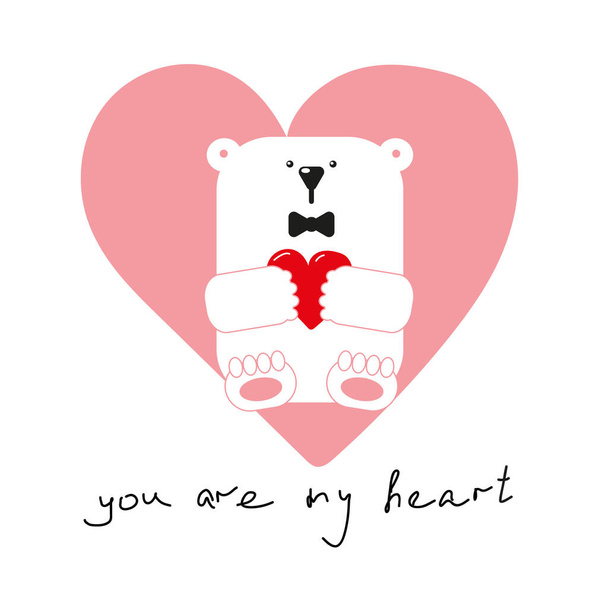 Romantic cute polar bear in a bow tie with a red heart in its paws. - Vector, Imagen