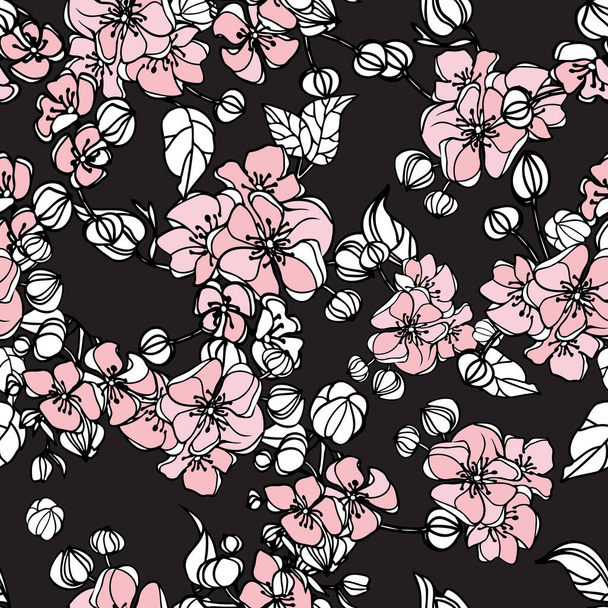 Seamless repeat pattern with flowers in pastel pink on black background. Hand drawn fabric, gift wrap, wall art design. Vector illustration - Wektor, obraz