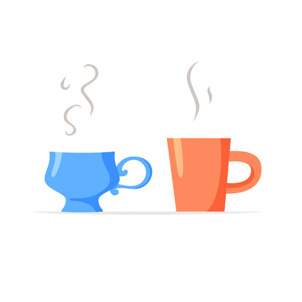 Taza simple y taza de lujo con bebidas calientes, dos tazas diferentes con café o té, concepto de pareja, ilustración plana vector - Vector, imagen