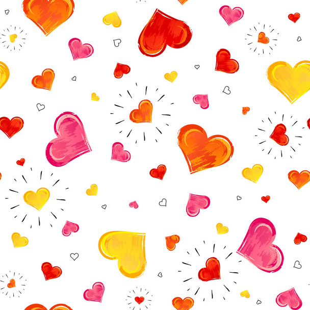 Seamless pattern with colorful hand drawn hearts on white background. - Διάνυσμα, εικόνα