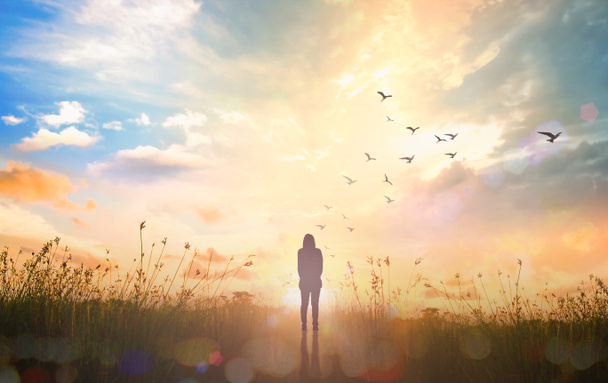 International human rights day concept: Silhouette alone woman standing with birds flying on abstract of heaven background - Foto, imagen