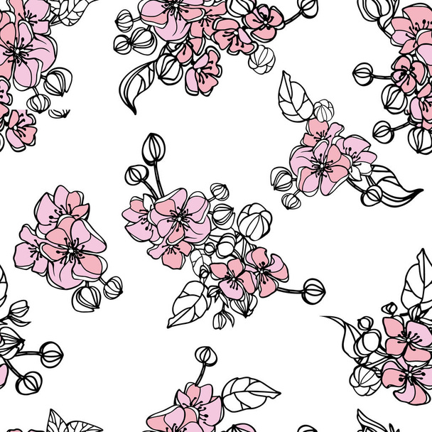 Modello di ripetizione senza soluzione di continuità con fiori e foglie in nero e rosa pastello su sfondo bianco. Tessuto disegnato a mano, involucro regalo, design artistico della parete. Illustrazione vettoriale - Vettoriali, immagini