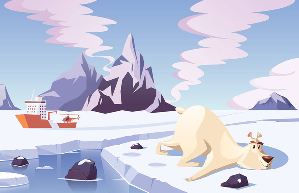 Eisbärrutsche auf Arktiseis und Eisbrecher im Hintergrund - Vektor, Bild