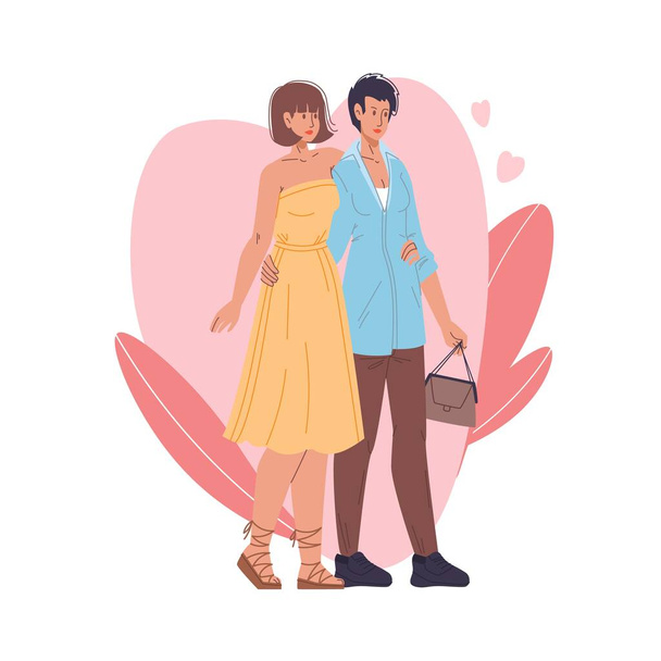 Düz çizgi film homoseksüel karakterler çift, Sevgililer Günü tebrik kartı temsili konsepti - Vektör, Görsel