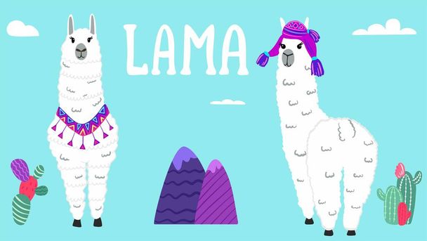 Carino Lamas con montagne e cactus in vettore. - Vettoriali, immagini