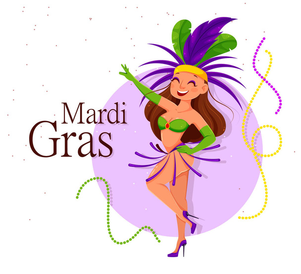 Mardi Gras Karnevál. Aranyos táncosnő. Hagyományos ruhás nő táncol a Mardi Gras fesztiválon. Készletvektor-illusztráció - Vektor, kép