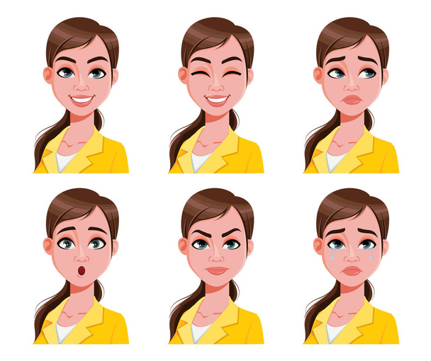 Expresiones faciales de mujer linda en blusa amarilla. Diferentes emociones femeninas. Hermoso personaje de dibujos animados. Ilustración vectorial aislada sobre fondo blanco. - Vector, imagen
