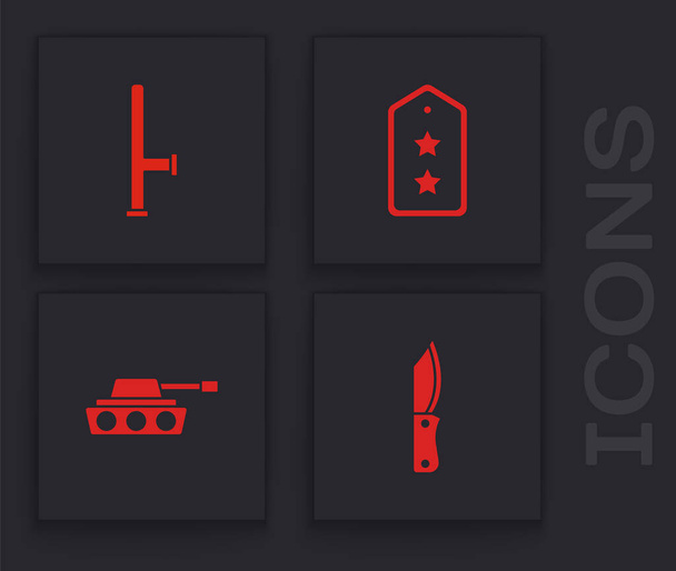 Set Military knife, Police rubber baton, rank and tank icon. Vector. - Vector, Image