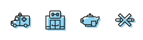 Set line Teapot with cup, Ambulance and emergency car, Gym building and No Smoking icon. Vector. - Vector, Image