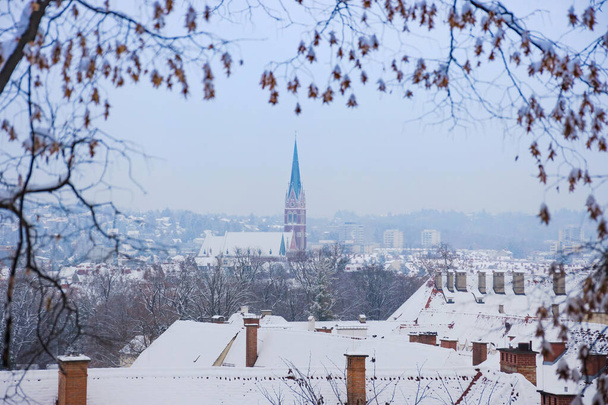 Cityscape του Γκρατς με την Εκκλησία της Ιερής Καρδιάς του Ιησού και ιστορικά κτίρια στέγες με χιόνι, στο Γκρατς, περιοχή της Στυρίας, Αυστρία, το χειμώνα - Φωτογραφία, εικόνα