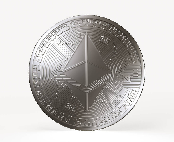 Серебряная монета Ethereum с эфирным знаком на белом фоне. 3D-рендеринг. - Фото, изображение