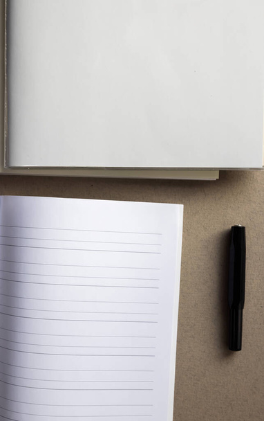 чистые листы, блокнот, альбом эскизов с ручкой на сером фоне - Фото, изображение