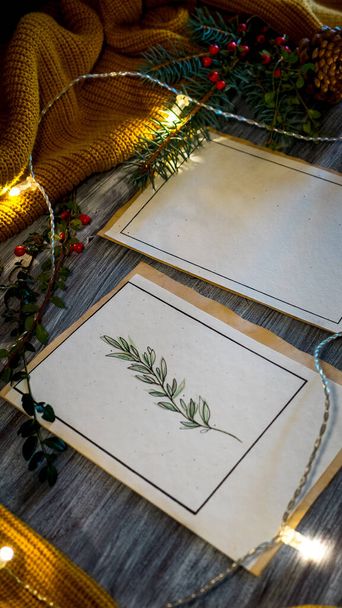 Carte postale de Noël avec décorations naturelles sur fond blanc en bois avec lumières - Photo, image