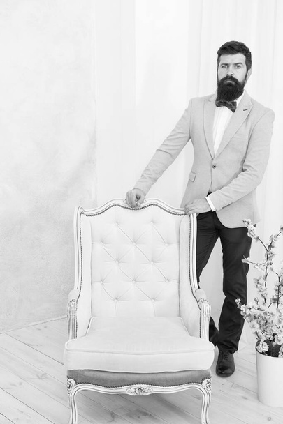 Gentleman elegant man wear classic suit bow tie, impeccable outfit concept - Zdjęcie, obraz