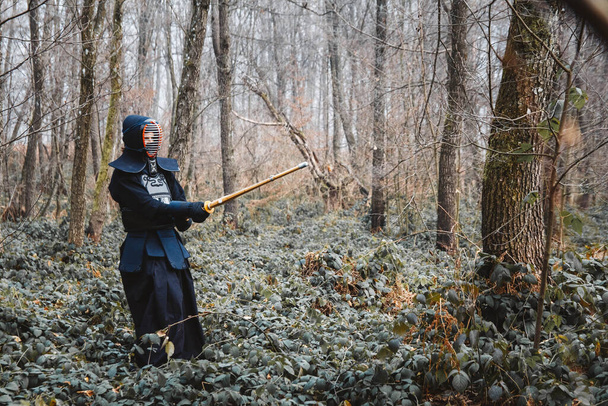 Az ember, aki Shinai bambusz karddal gyakorolja a kendót erdei háttéren. Szöveg vagy reklám helye. - Fotó, kép