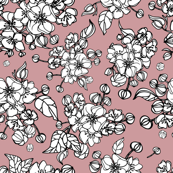 The seamless pattern of white flower blossoms on a pastel pink background. Vector illustration - Vetor, Imagem