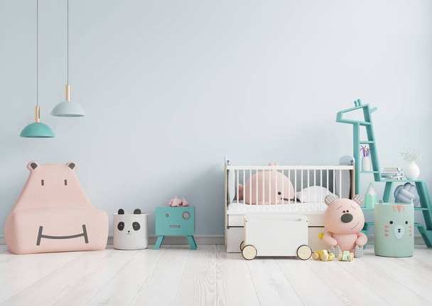 Mock up fal a gyerekszobában rózsaszín kanapé világoskék színű fal háttér, 3D-s renderelés - Fotó, kép