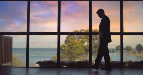 Uomo d'affari in giacca e cravatta che cammina vicino a una grande finestra al tramonto, controlla il suo orologio, aspetta qualcuno, guarda il lago. Rallentatore, azzardato. - Filmati, video