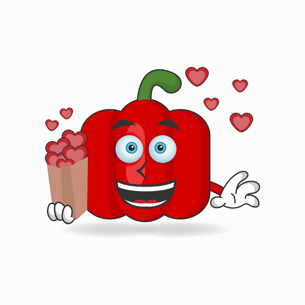 Mascotte de paprika rouge personnage tenant une icône d'amour. - Vecteur, image