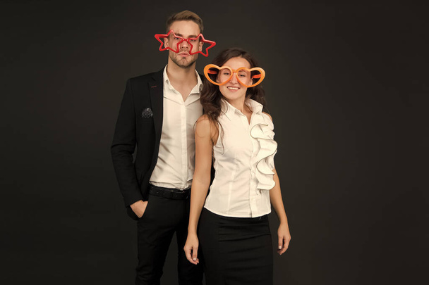 Business team. Office staff concept. Business education. Time for fun. Ambitious female and confident man. Woman eyeglasses attractive teacher. Business lady secretary. Having fun. Business academy - Foto, Bild