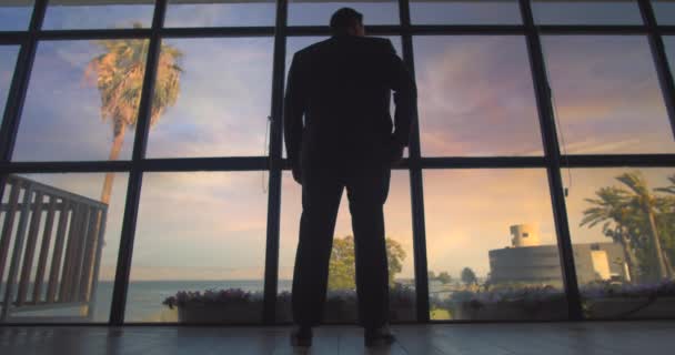 Liikemies seisoo ison ikkunan lähellä ja katselee järveä auringonlaskun aikaan. Hidas liike, laaja laukaus, nukke ulos. - Materiaali, video