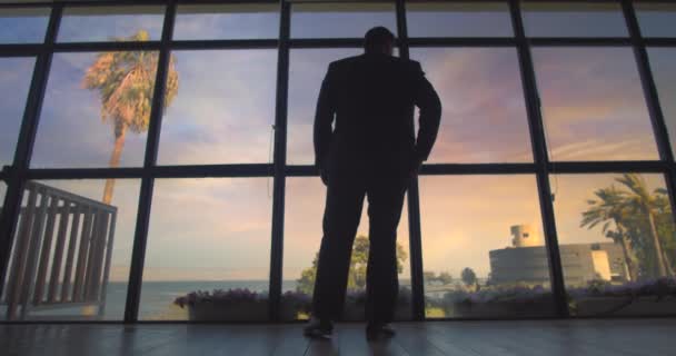 Uomo d'affari in piedi vicino a una grande finestra, guardando il lago al tramonto. Rallentatore, colpo largo, dolly out. - Filmati, video