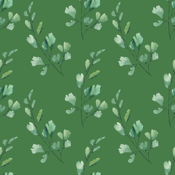Бесшовный фон с зелеными листьями каракули, зеленый фон. Роскошный узор для создания текстиля, обоев, бумаги. Винтажные. Романтическая цветочная иллюстрация - Фото, изображение