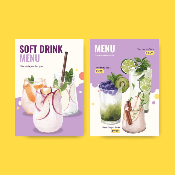 Шаблон меню напитков с содовой для векторной иллюстрации кафе и бистро акварелью - Вектор,изображение